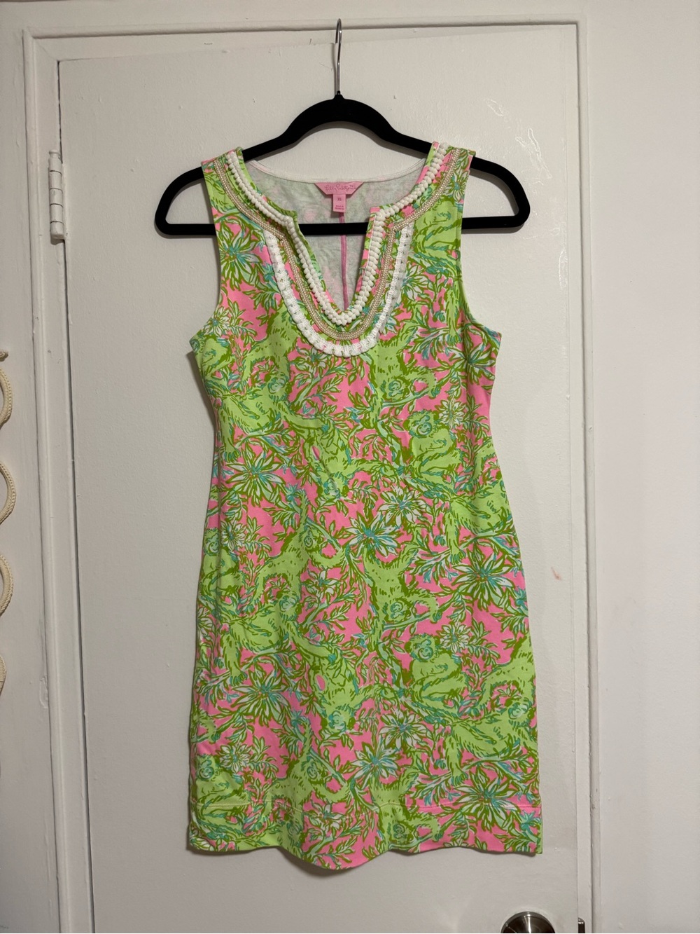 Lilly Pulitzer-Harper Pink & Green Floral Shift Dress with Beaded Neckline